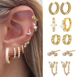 New Design Gold Silver Color Pearl Hoop Earrings Women Men Crystal Zirconia Stainles Steel Round Circle Pendientes Mujer 2022