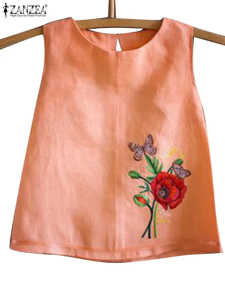 Zanzea-top vintage feminino com bordados florais, sem mangas, em torno do pescoço, boêmio, casual, solto, férias, verão, 2024