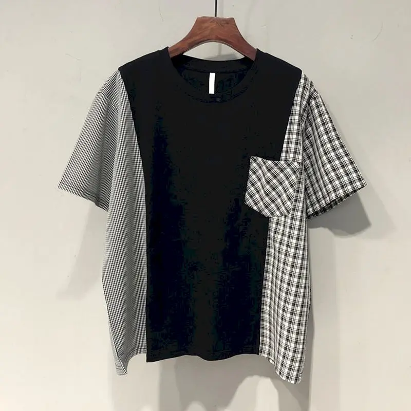 

Oversized T-shirts Women Fashion Plaid Patchwork T Shirt Casual Short Sleeve Bottom Shirt Summer Trend Thin Loose Tshirt Y2k Top