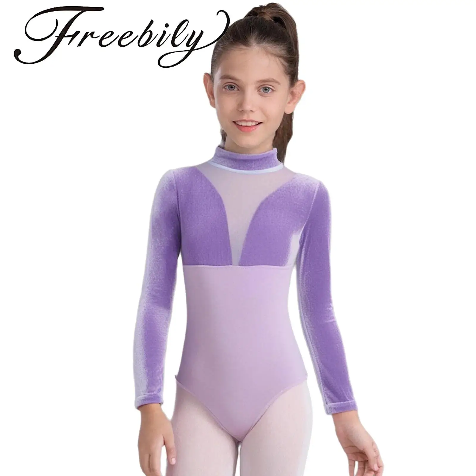 

Kids Girls Velvet Ballet Dance Leotard Long Sleeves Mock Neck Back Invisible Zipper Mesh Patchwork Cotton Bodysuit Dancewear