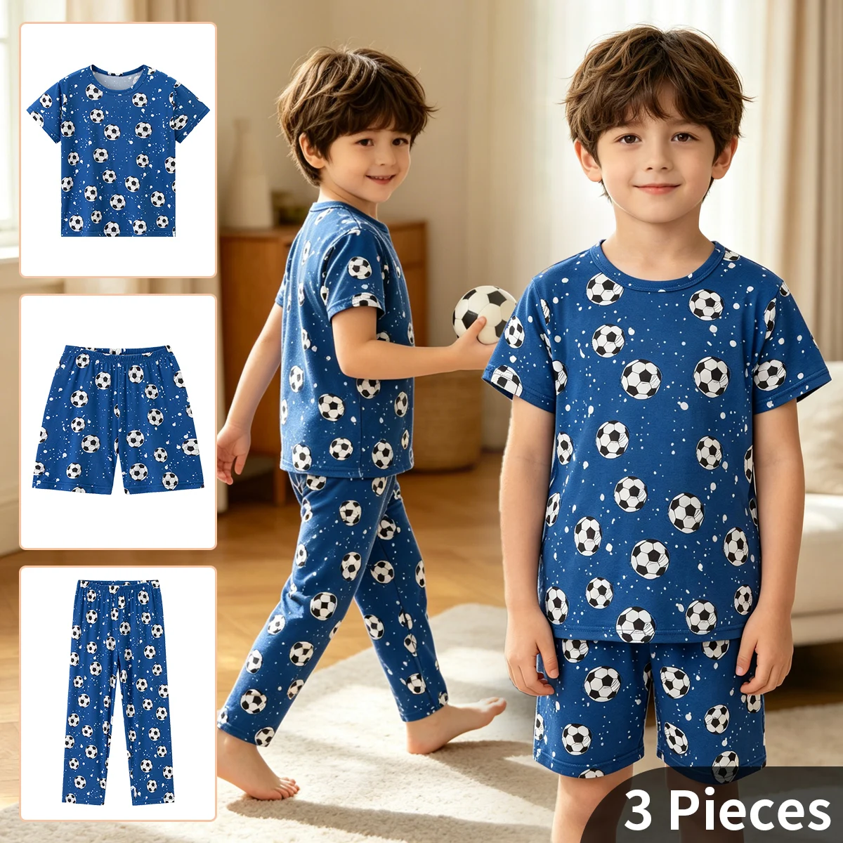 3-Pcs Spring/Summer Children's Set Short Sleeved Pajamas Shorts Moisture Absorbing And Comfortable Casual Pants Fashionable Home