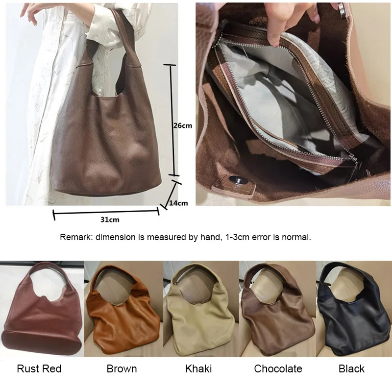 Famicare Full Grain 100% Genuine Leather Bag for Women Lady Female Luxury Shoulder Soft Cowhide Tote Bucket Handbag Large Capaci