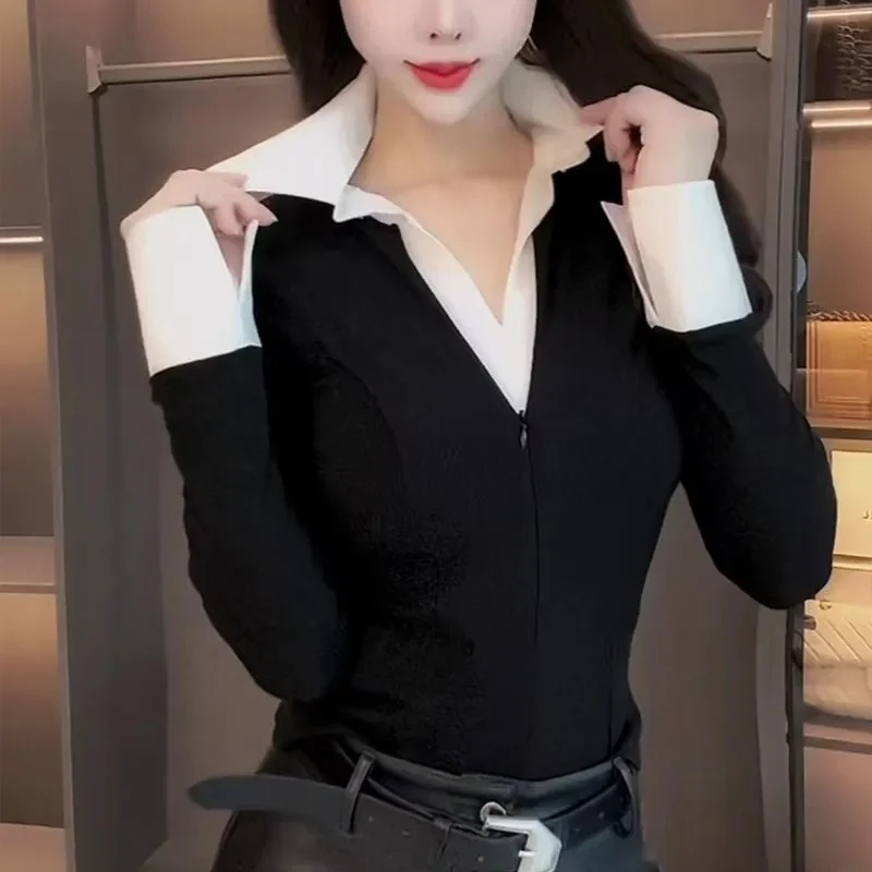 Korean Fake Two-piece Stitching Bottoming Shirt 2025 Spring Summer Slim Fit With High-quality Temperament Long-sleeved Shirt