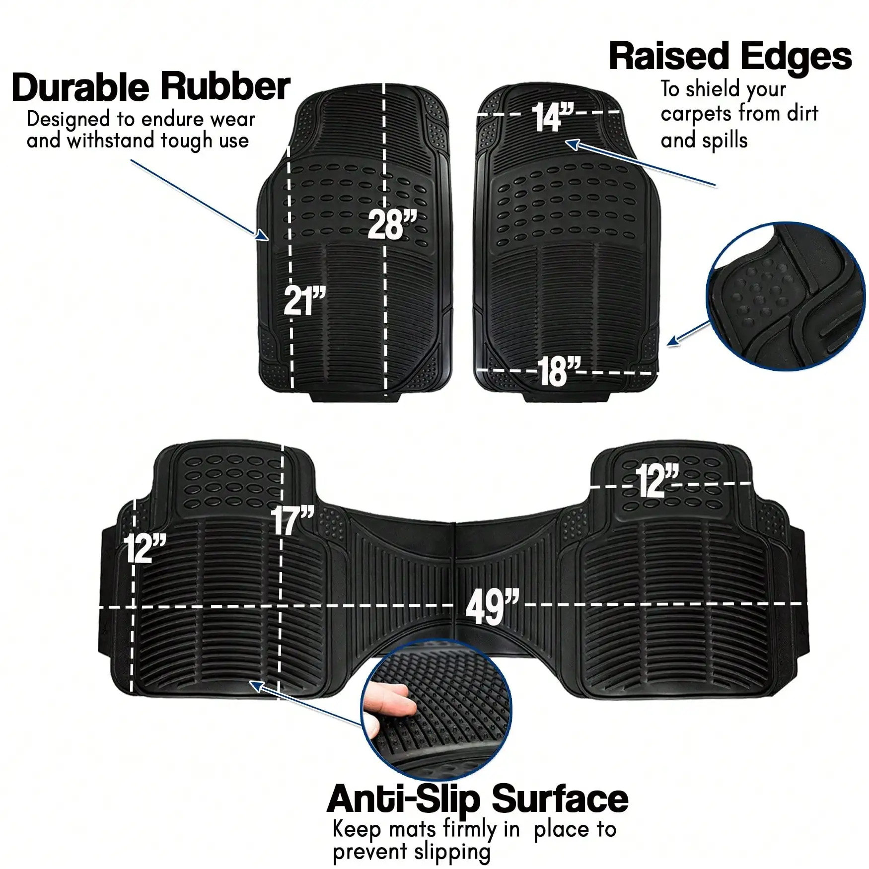 

3Pcs All Weather Rubber Car Floor Mats Trimmable Waterproof Odorless Black Heavy Duty Anti Slip Wear Resistant Foot Pads Universal Fit Sedan SUV Truck Practical Auto Interior Protection Accessories For Long Term Use