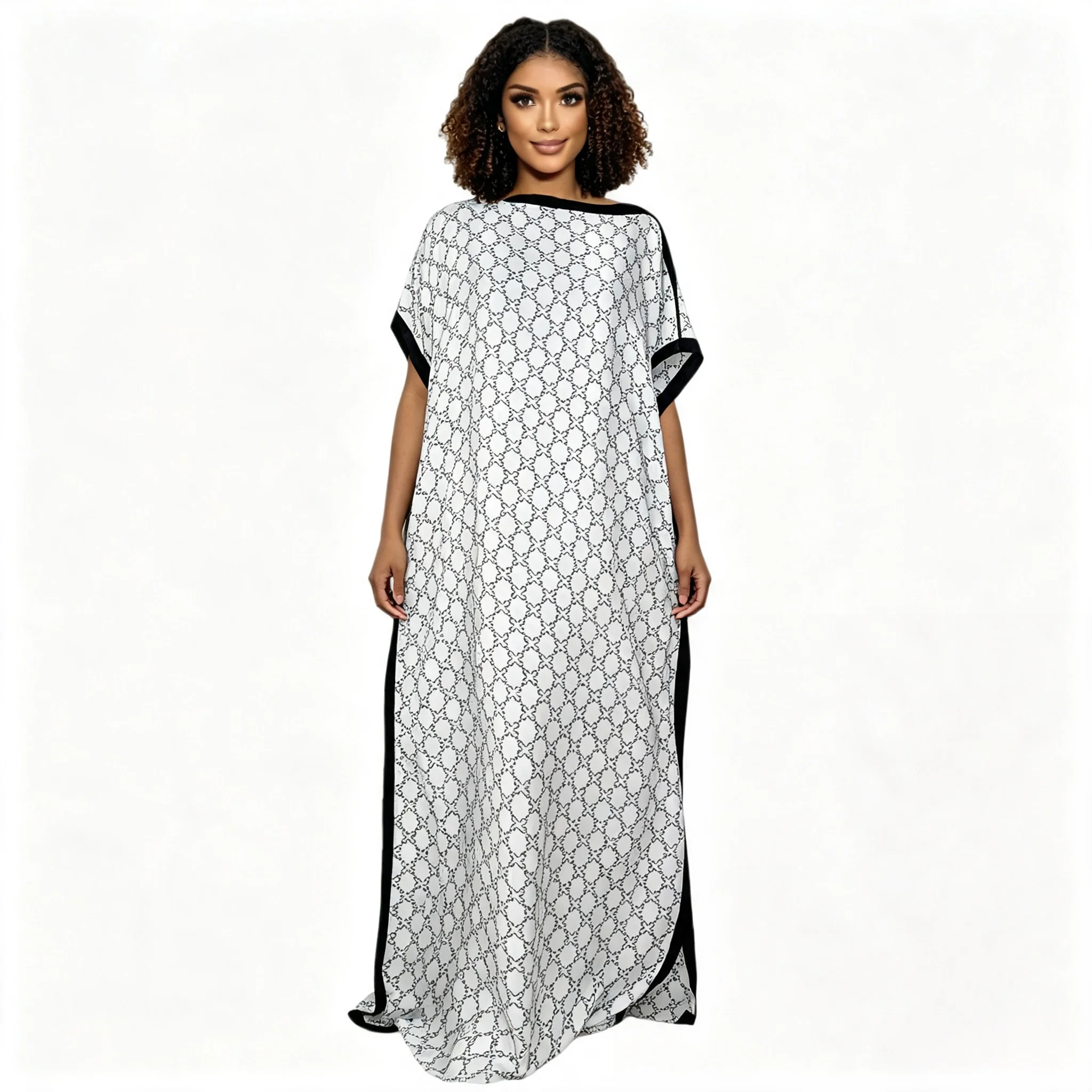 African Satin Kaftan Abaya Dress with Matching Headscarf Geometric Print Loose Maxi Robe for Women