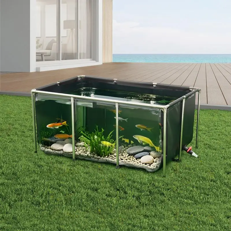 Canvas Fish Pond, 270 Gal Above Ground Fish Pond, PVC Koi Tank with Clear Viewing Panel, Rectangular Goldfish Tank with Stainless Steel Frame & Drain Valve, for Breeding Koi, Irrigation(Black)