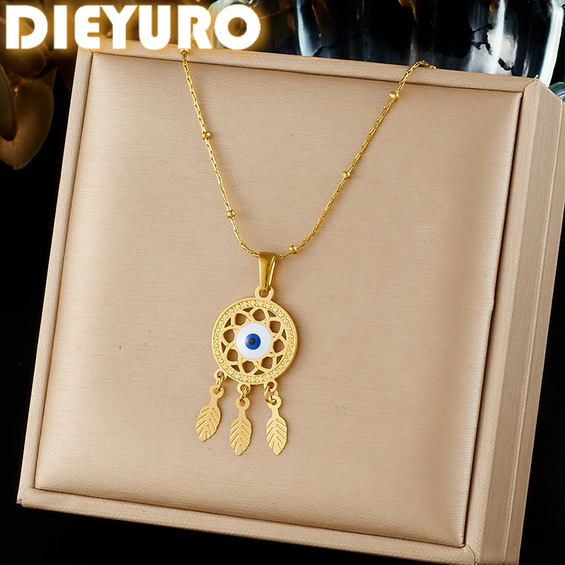 DIEYURO 316L Edelstahl-Halskette mit Anhänger „The Evil Eye Dream Catcher“ mit Feder und Zirkon, wasserdicht, für Damen, neuer Halsschmuck