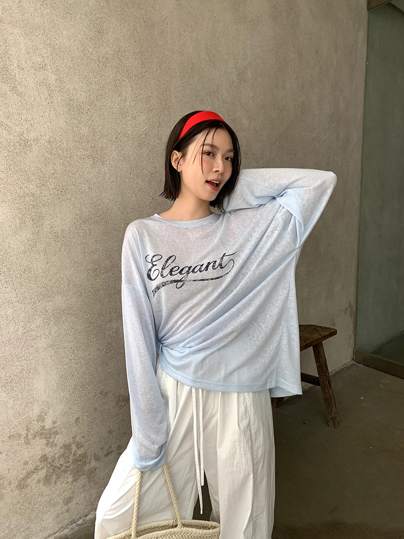 Spring and summer women's casual letter printed round neck long sleeved loose T-shirt