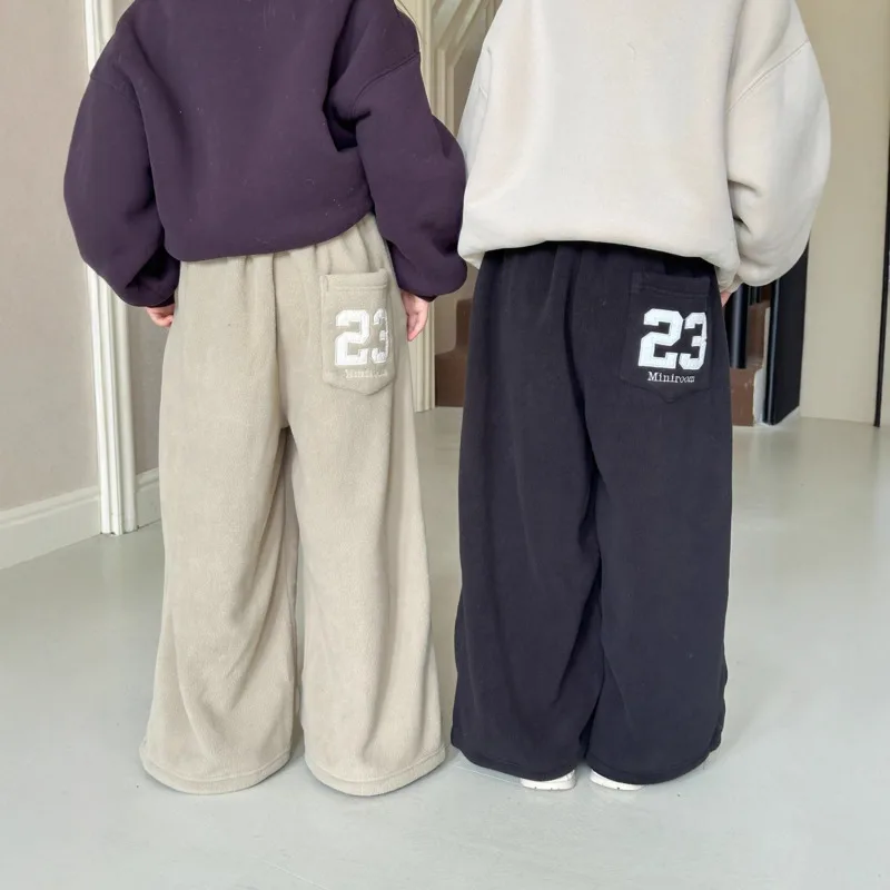 

2025 Autumn Winter Boy Girl Children Kid Embroidery Double-Sided Fleece Sweatpants Straight Leg Drawstring Trouser 2-12 Years