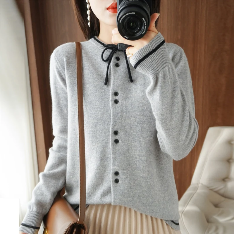 

Women's 2022 New Wool Knitted Cardigan Loose Lace-Up Bow Sweater Retro Coat Temperament Outside Long-Sleeved Bottoming Top Trend