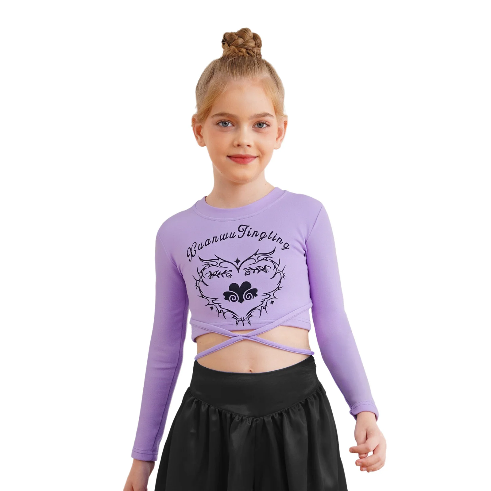 

Kids Girls Hip-Hop Jazz Dance Crop Top Lace-up Letter Heart Printed Long Sleeve Athletic T-shirt Tops Streetwear Stage Outfit
