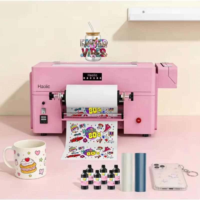 USA 30cm Mini Pink UV DTF Printer Budget Friendly Printer Tumbler Cup Wraps Sticker Machine With Laminating All In One