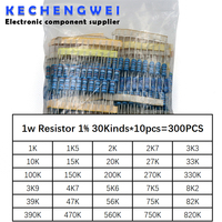 Total 300pcs 1% 1W Metal Film Resistor Assorted Kit 30Values*10pcs=300pcs (1K Ohm ~820K Ohm)