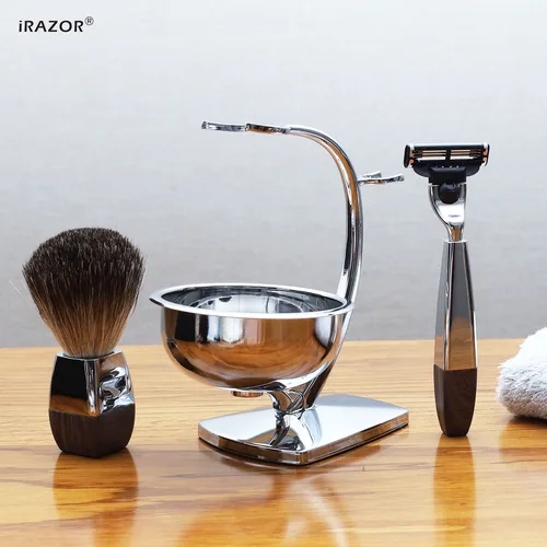 Imagen 2 del producto iRAZOR Kit de afeitado húmedo profesional para hombres Mach 3 afeitadora cepillo de pelo de tejón soporte de maquinilla de afeitar tazón de jabón-regalo de aseo perfecto