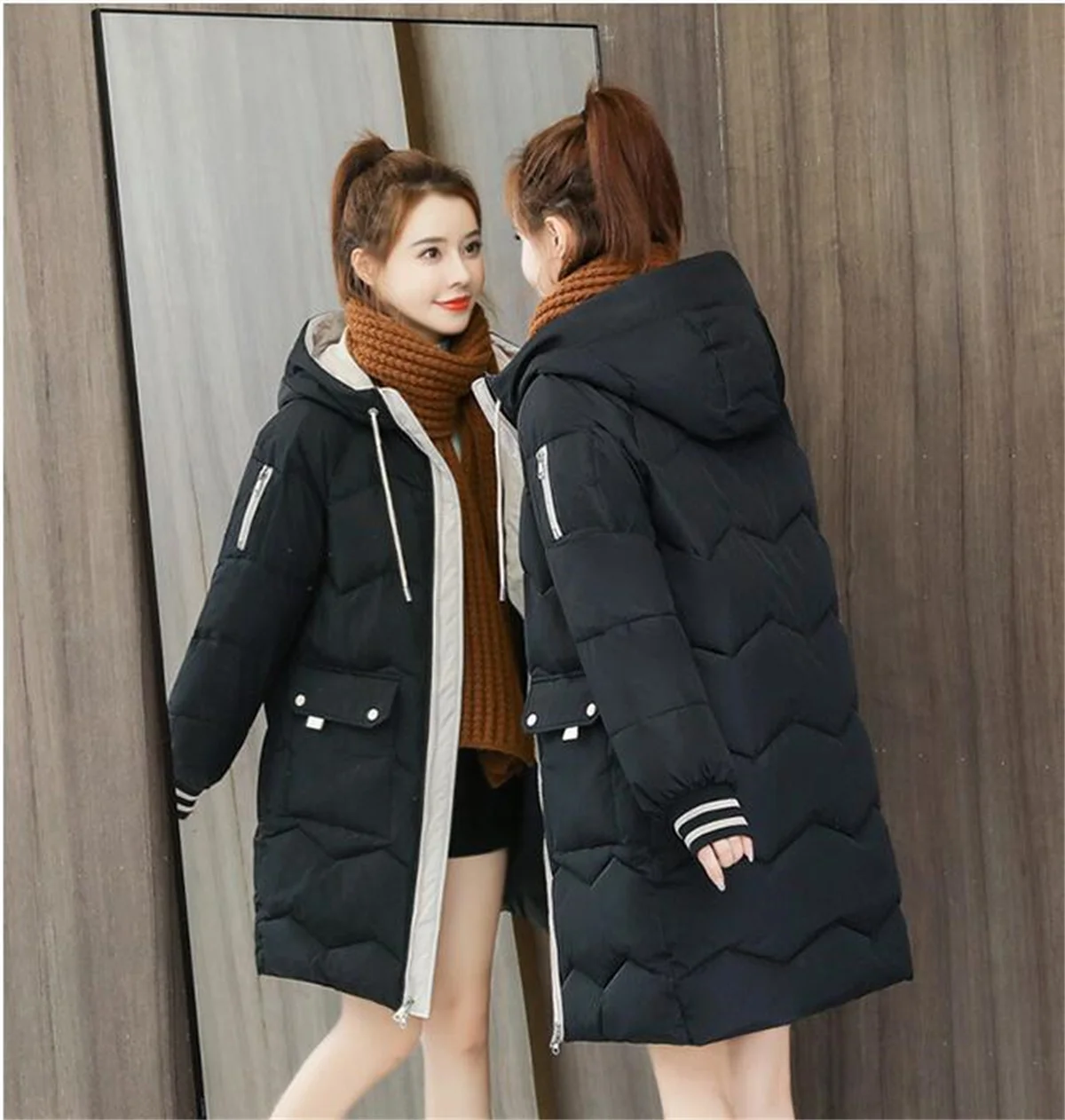 Women Winter Mid-length Quilted Coat Hooded Overcoat Thick Warm Jackets Contrast Pockets Fashion Parkas Casual Loose Down Jacket