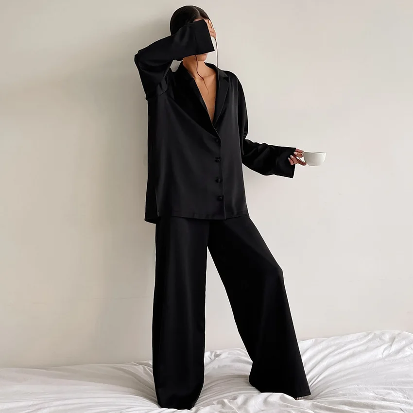 TXii Oversized Satin Silk Sleepwear Low Cut Sexy Pajamas For Women Single-Breasted Long Sleeves Wide Leg Pants Trouser Suits