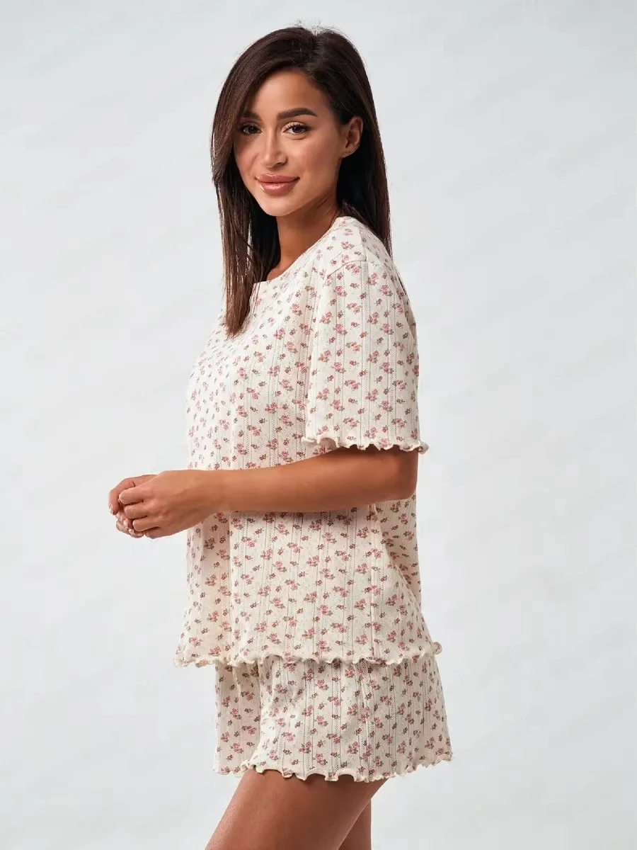 

Faionable Топ и орты с принтом Комплект домашней одежды Молодежный летний повседневный тонкий ор Све круглый Ne Plant Floral Pattern