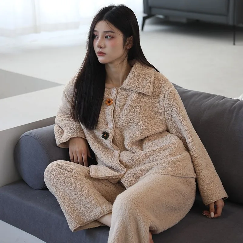 2023 New Pajama Woman Winter Fleece Sleepwear Thickened Coral Fleece Loungewear Warm Plus Size Homewear Set Loose Nightwear