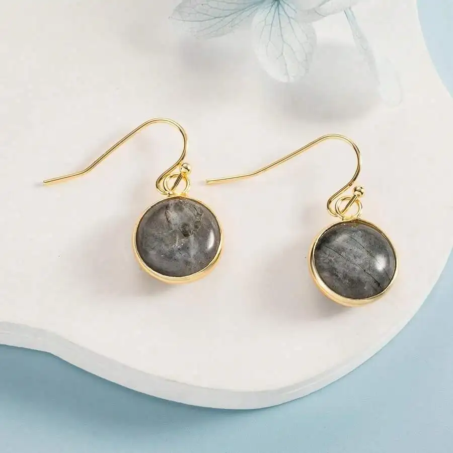 

Round Crystal Stone Drop Earrings Fishhook Style Gold Tone