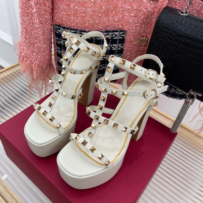 2024 summer new rivet sky-high sandals leather square head waterproof platform thick heel one line buckle high heels