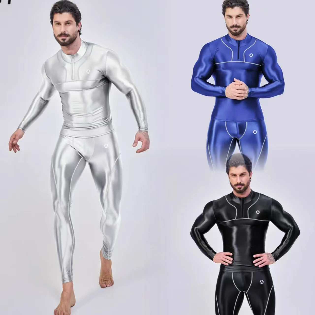 

KNOW DREAM Men Silk oil glossy top long sleeve tight smooth pants sports T-shirts Sportswear Men's diving suit