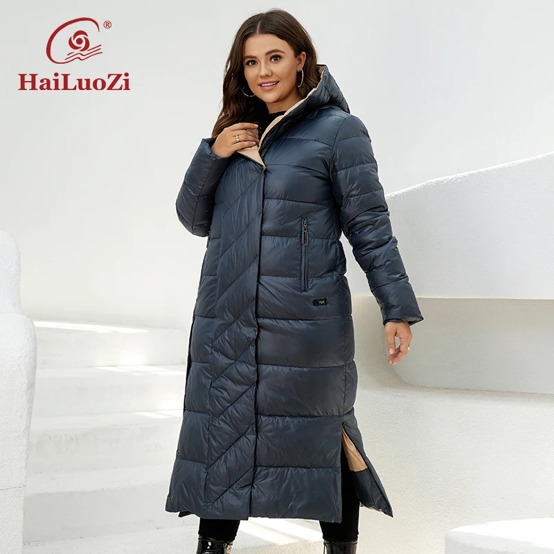 HaiLuoZi New 2022 Women\'s Coat Long Knee Length Thick Warm Belt Zipper Quilting Classic Hooded Parkas Winter Jackets Women 6037