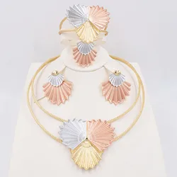 Italian 18K Gold Plated Jewelry Set Square Women Leaf Necklace Earrings Bracelet Ring 4pcs Jewelry Set Wedding Party Accessories