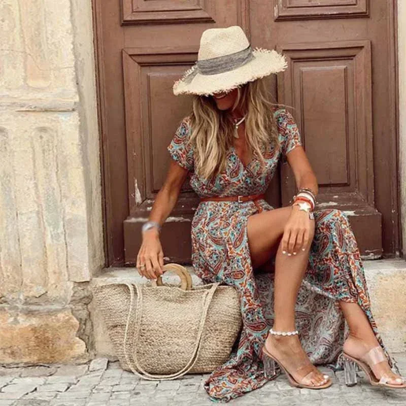 Boho Summer Long Dress for Women Elegant Evening 2023 Vestidos de Mujer Dresses Robe Femme Casual Maxi Short Sleeve Clothing