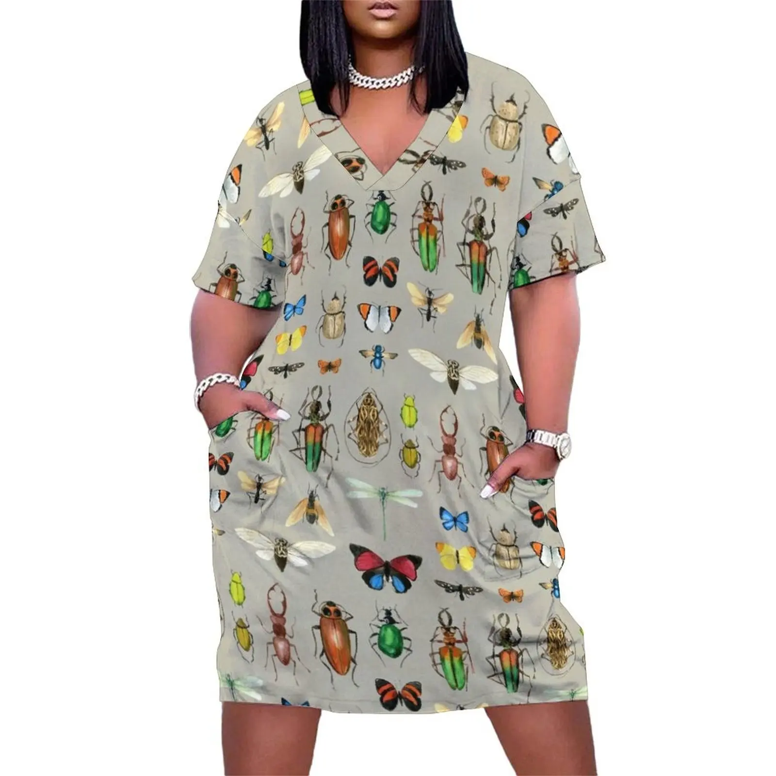 The Usual Suspects - Insects on grey - watercolour bugs pattern by Cecca Designs Loose Pocket Dress Female dress