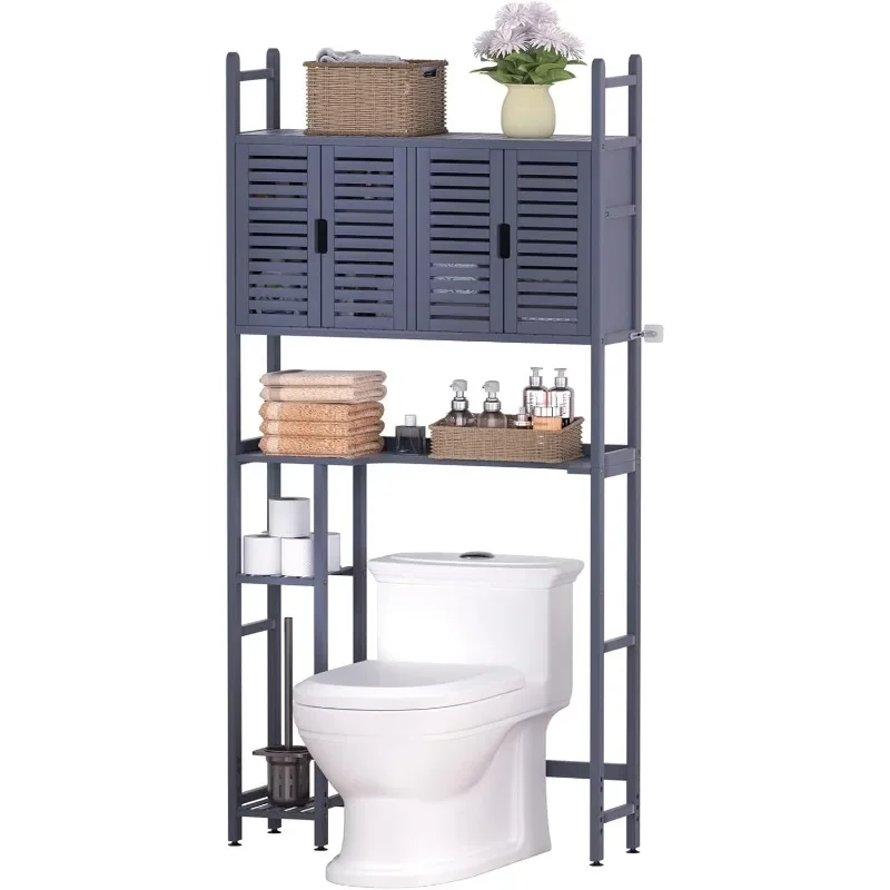 

Over The Toilet Storage Cabinet with Paper Holder Stand,Bamboo Bathroom Organizer Shelf with Four Door and Waterproof Feet