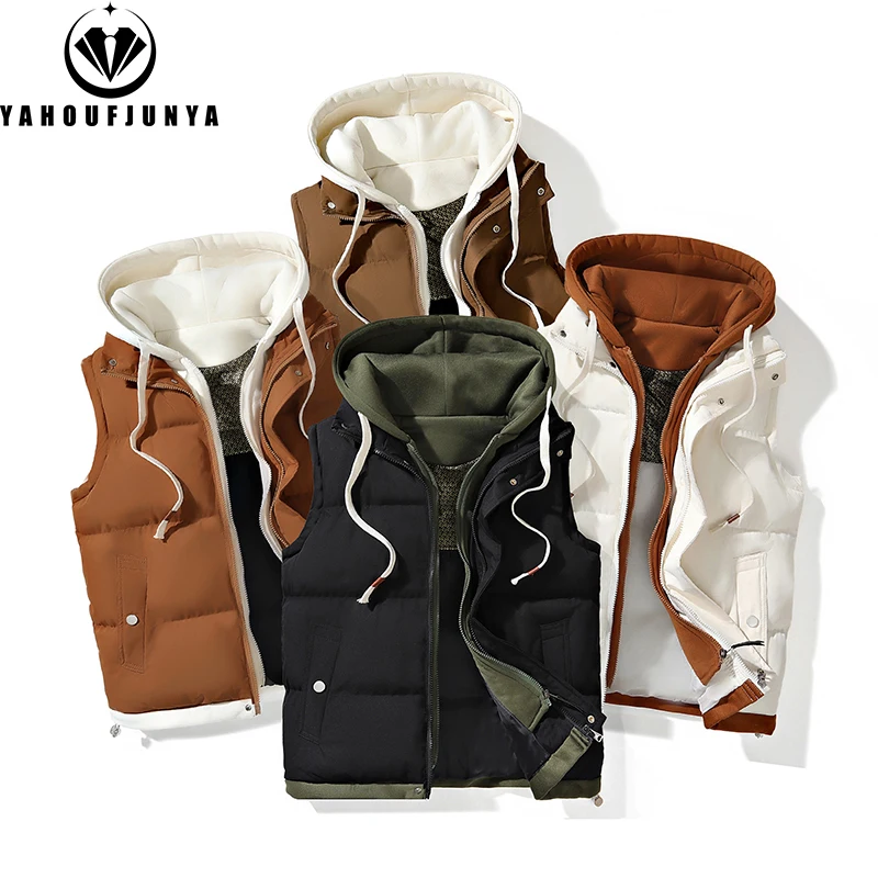 Hots-Chaleco grueso sin mangas con capucha para hombre, chaleco cálido a prueba de viento para exteriores, chaleco informal con cremallera, marca de