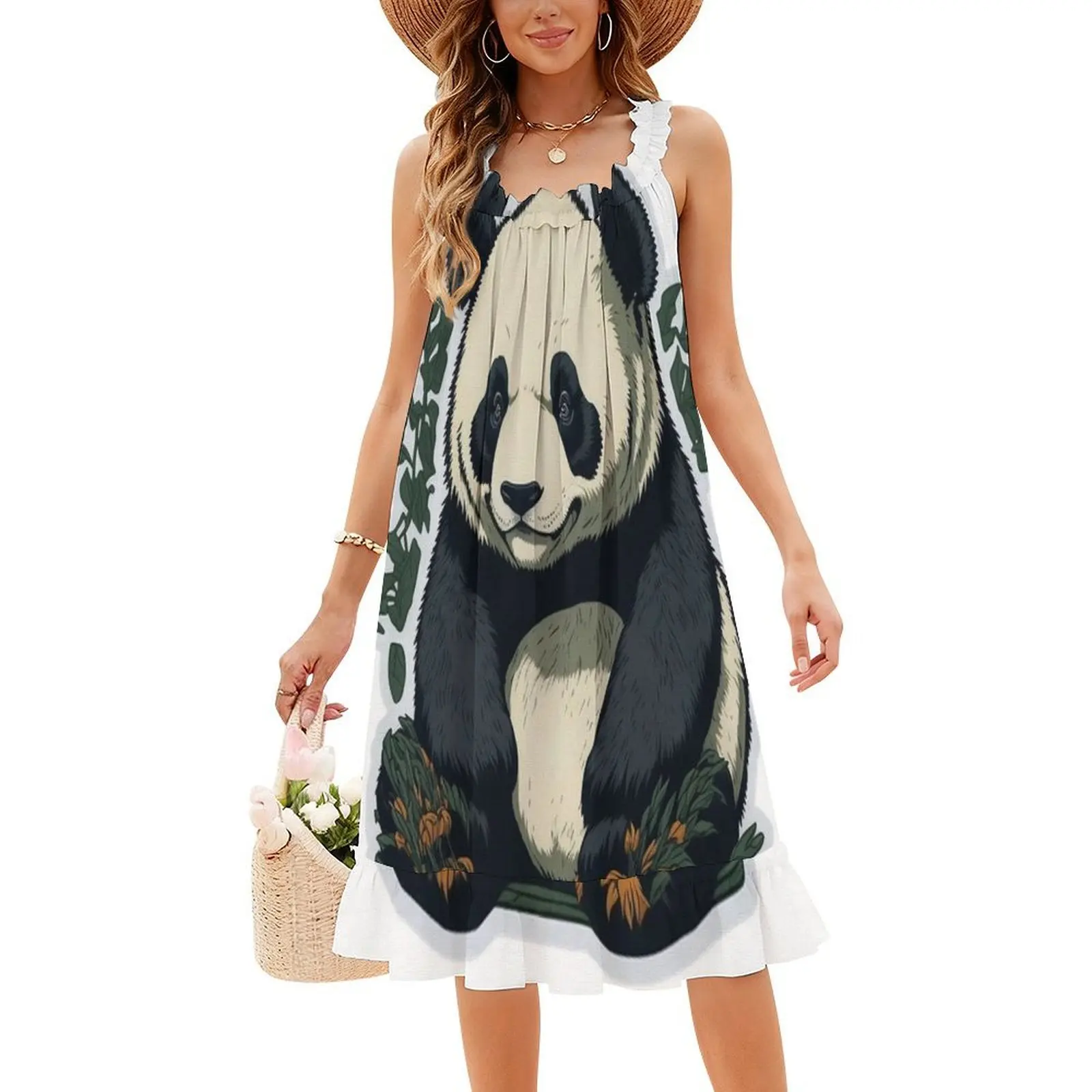 Cute Little Panda Bohemian Sleeveless Dress Multi-Print Beach Vacation Party Dress Cute Little Panda Drawing Cute Little