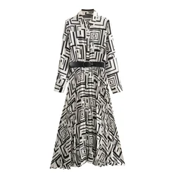 2024ZAR * Spring/Summer New Women's Fashion Long sleeved Polo Collar High Waist Belt Printed Silk Texture Dress