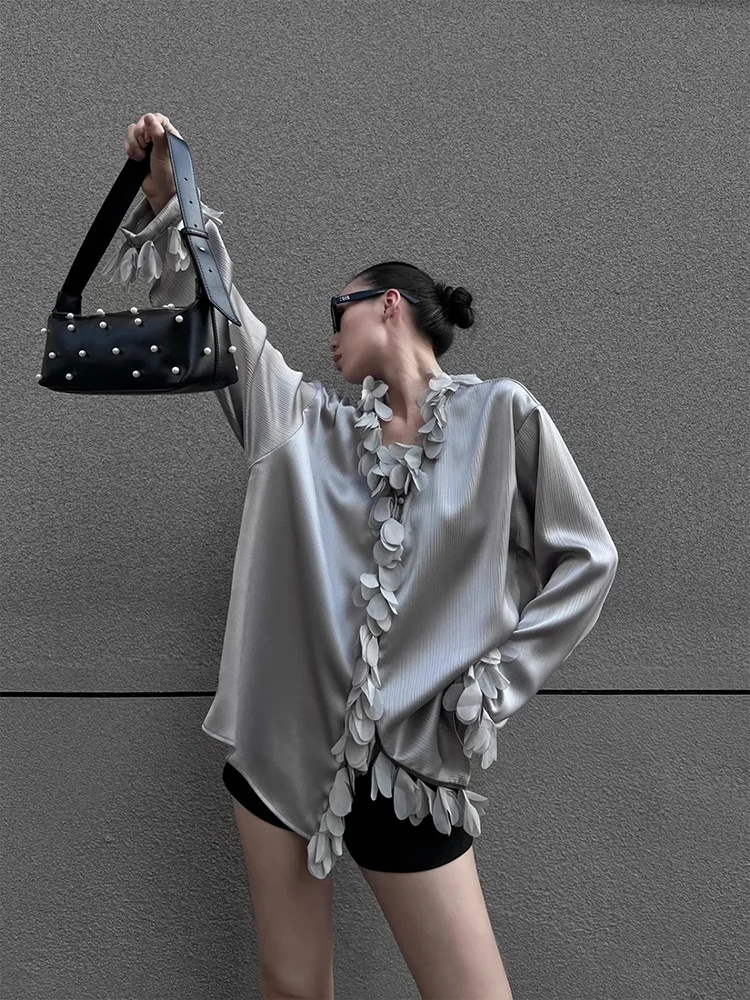 

Женская рубашка с v-образным вырезом, французская мода, 3D лепестковая лоскутная элегантная блузка с длинным рукавом, однотонная офисная женская рубашка, свободные шикарные эстетические новые топы