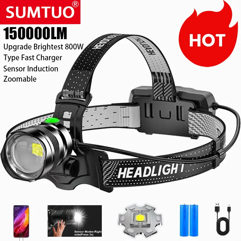 

Fishing Lantern 150000 Lumens Long Shot Wick High Powerful Sensor lamp Torch Zoom Xhp70 light Type-c Rechargeable Led Headlamp