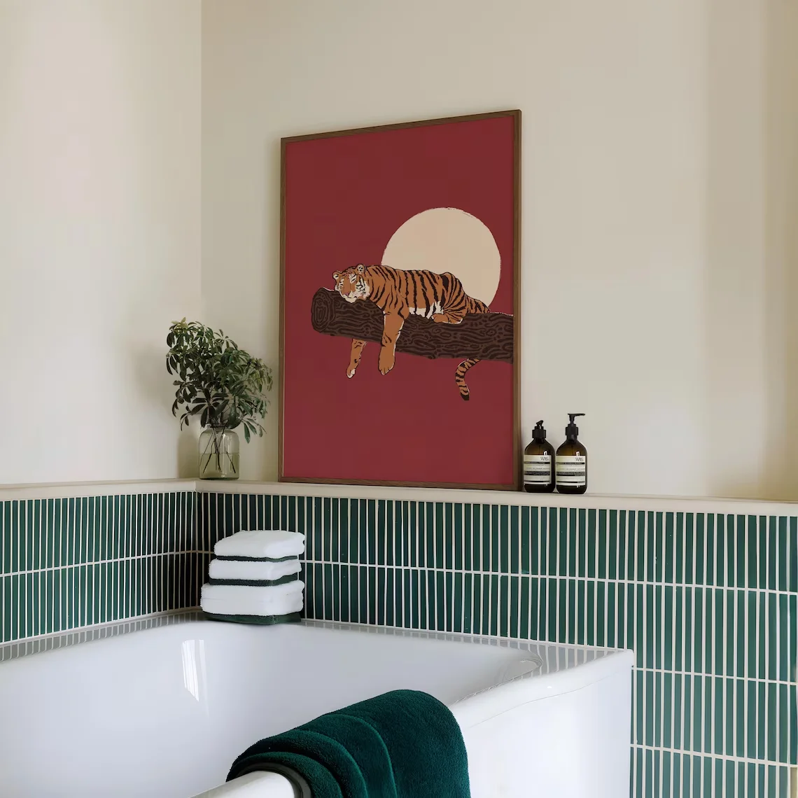 Sleeping Tiger Print, Retro Moon Tiger Wall Art, Bold Red Amber Wildlife Poster, Resting Tiger On Branch Decor, Eclectic Big Cat