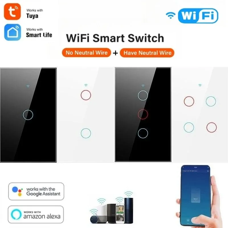 Smart Wifi Touch Schakelaar Geen Neutrale Draad Vereist Smart Home 1/2/3 Gang Lichtschakelaar 100-240V Werkt met Alexa Hey Google