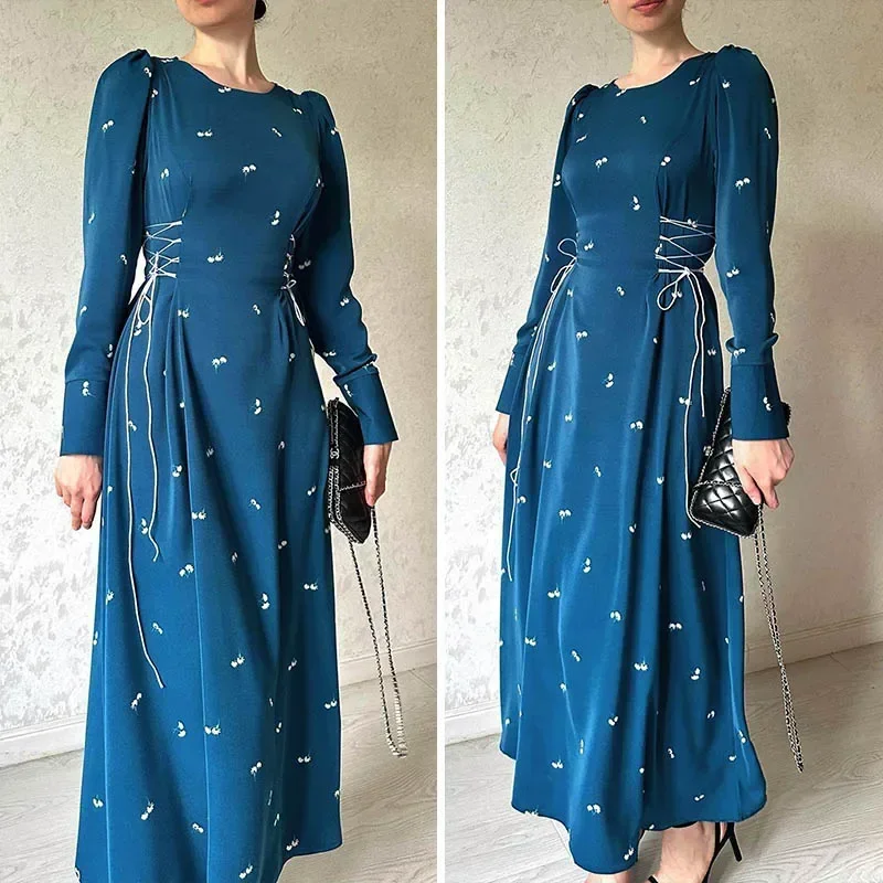 

Women Eid Muslim Dresses Morocco O Neck Vestidos Print Arab Dubai Kaftan Party Dress Loose Fit Casual Ankle Length Dress