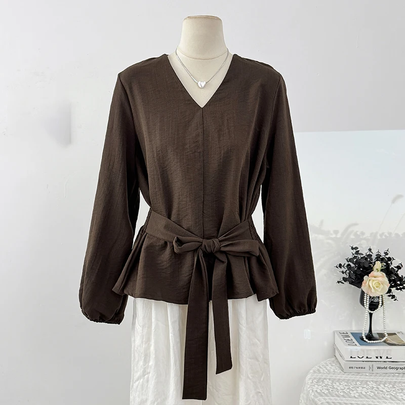 Повседневные топы в корейском стиле в стиле ретро, модная рубашка с v-образным вырезом и пышными рукавами для женщин, осень 2022, топ с завязками на талии и поясом