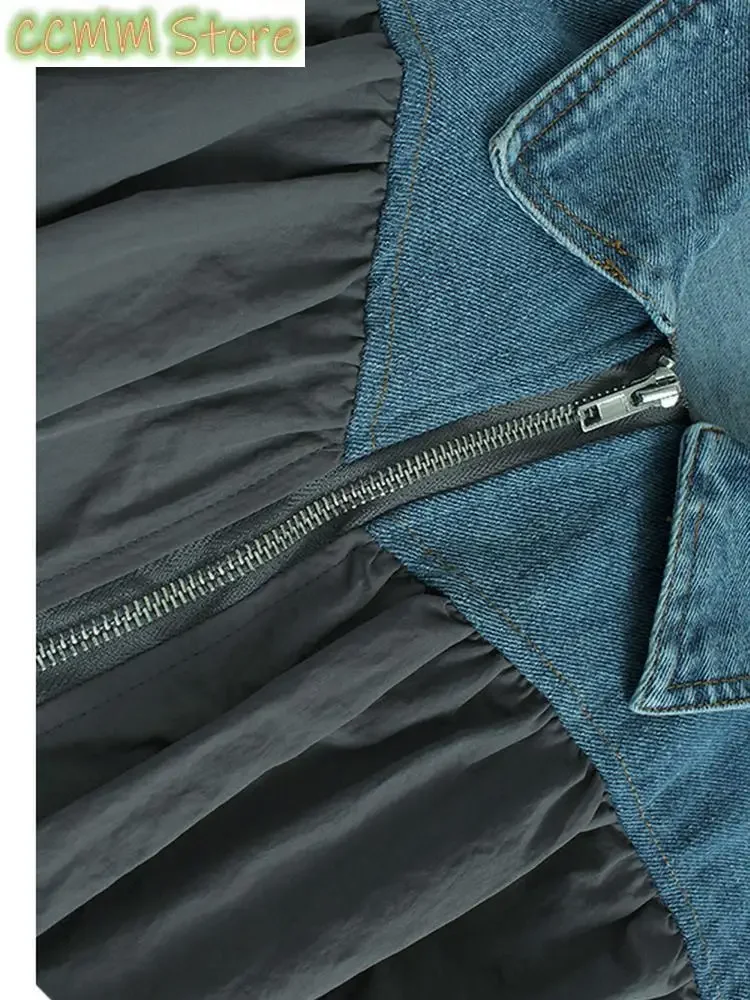 Szara dżinsowa plisowana kurtka w dużym rozmiarze Nowy płaszcz damski z długim rękawem Fashion Tide Wiosna Jesień