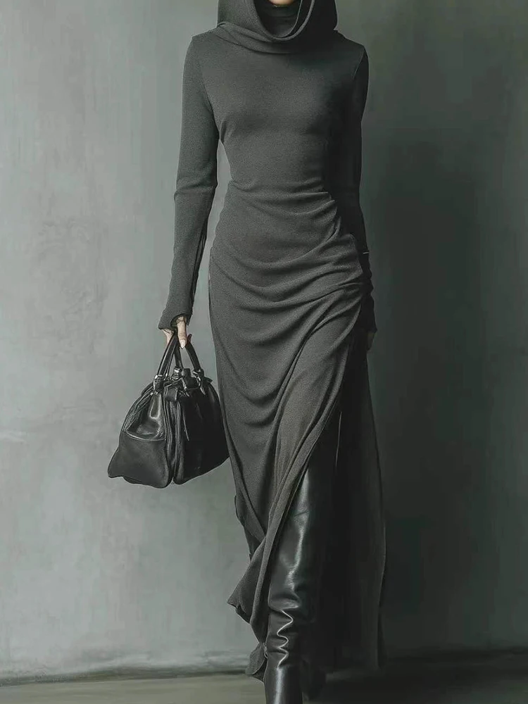 Gaun Maxi Lengan Panjang Berkerudung Baru, Gaun Pesta Chic Patchwork Fashion Musim Gugur Wanita, Gaun Wanita Elegan Kasual Solid Streetwear