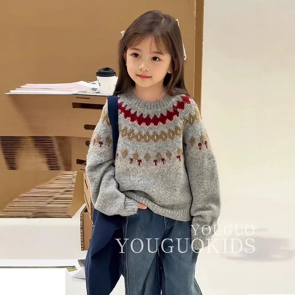 

Girls Fair Island Thickened Sweater 2025 New Autumn and Winter Rhombus Super Soft Warm Thick Bottom Knitted Sweater