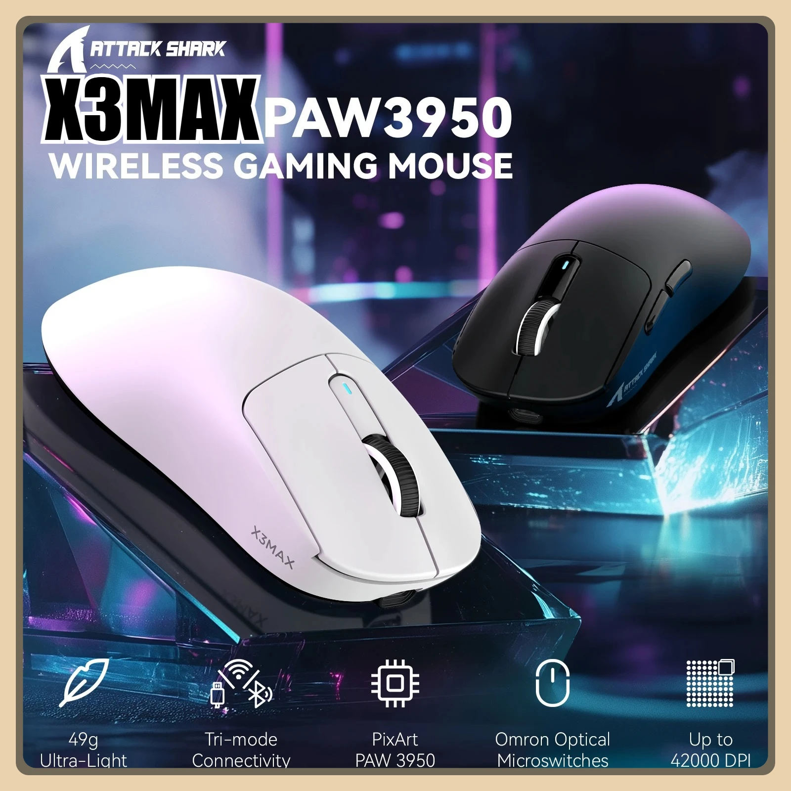 ATTACK SHARK X3 MAX ماوس ألعاب لاسلكي 49g خفيف PixArt PAW3950 42000 ديسيبل متوحد الخواص ثلاثي الوضع BT 5.4/2.4 جيجا هرتز/USB-C 1K معدل التثبيت