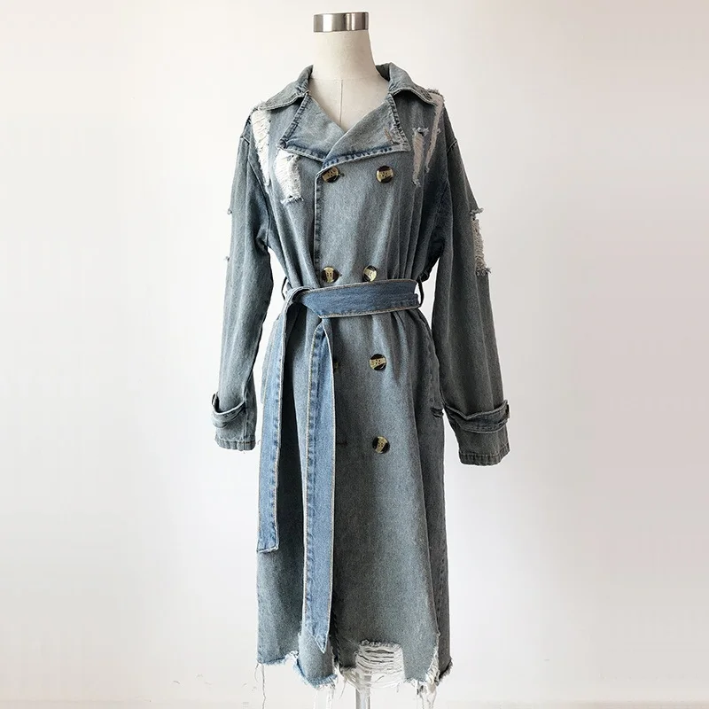 Vintage Hellblau Ausgefranste Loch Denim Trenchcoat Mit Gürtel Frühjahr Neue Lose Beiläufige Revers Mid-länge Frauen Windjacke mantel