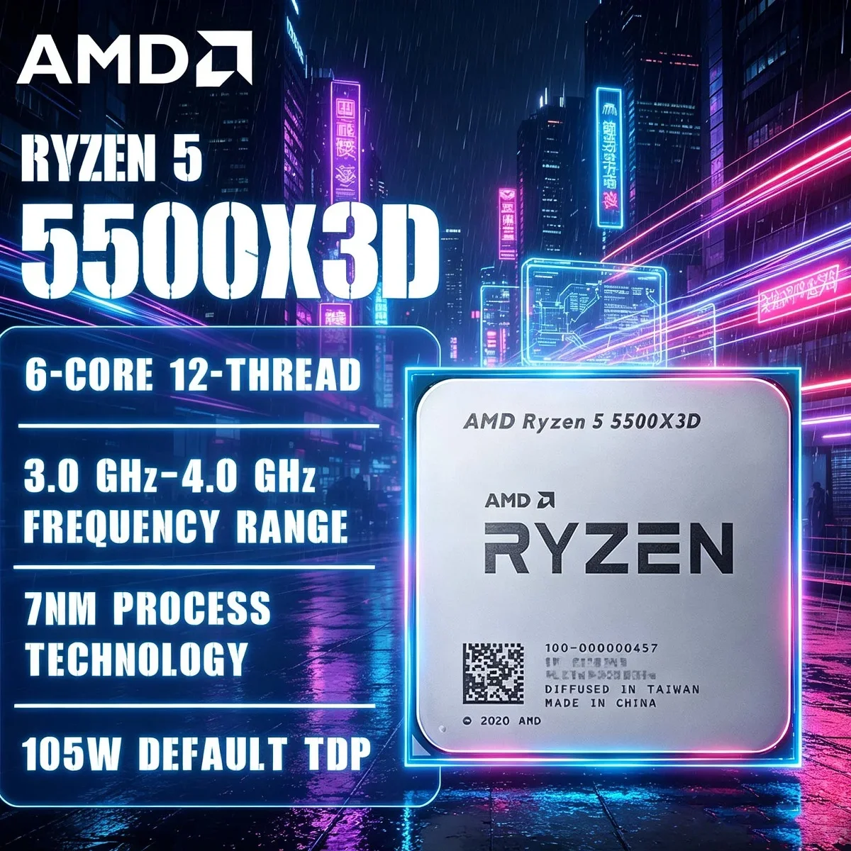 Processeur de bureau AMD Ryzen 5 5500X3D haute performance, design 6 cœurs 12 threads, cache L3 3D de 96 Mo, 3,0-4,0 GHz, AM4, processeur pour esports