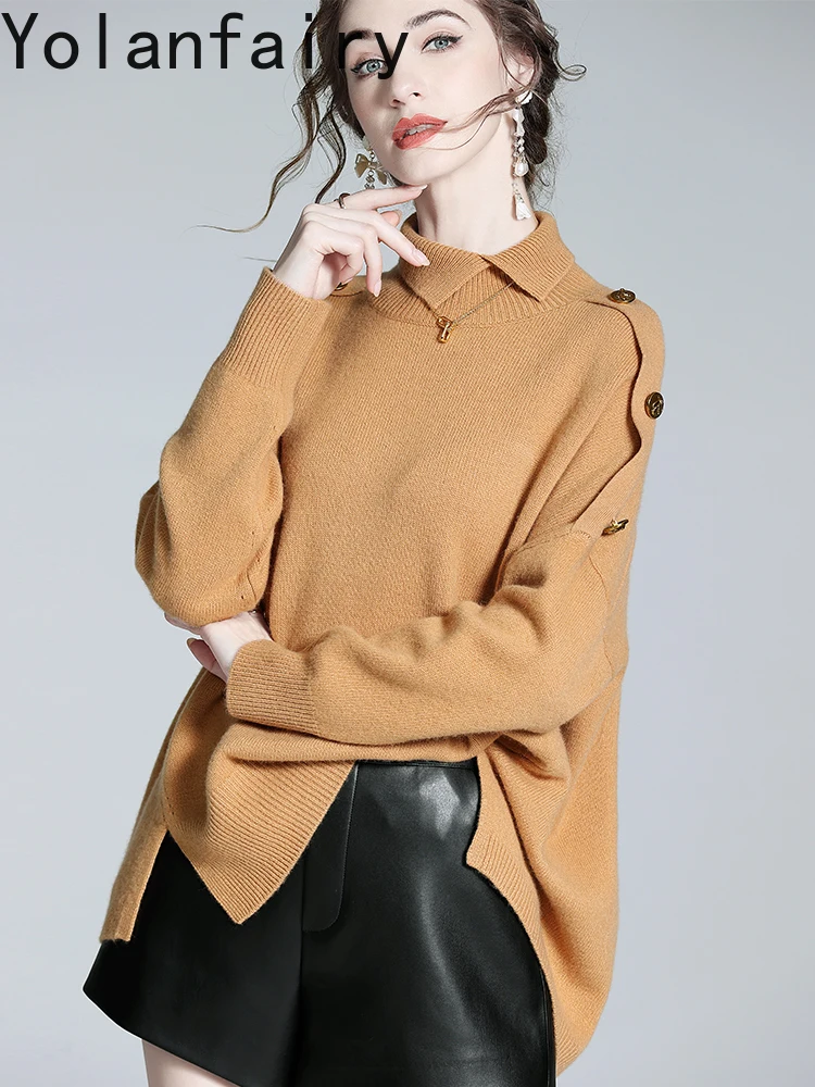 YOLANFAIRY 89% الصوف 11% سترة الكشمير المعنقة امرأة عالية الرقبة الخريف الشتاء الكورية موضة البلوفرات النسائية بلايز محبوك البلوزات