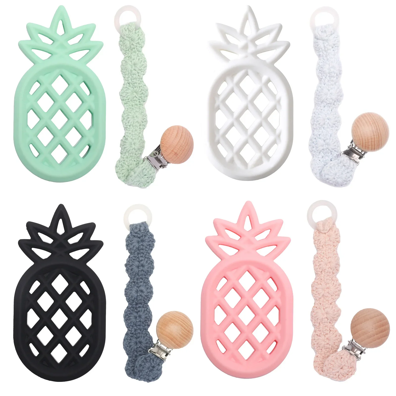 

Набор из 2 предметов для ухода за ребенком, силиконовый прорезыватель для ананаса с вязанной крючком цепочкой для соски, погремушки без BPA, пищевой держатель для сосков, подарки для детей