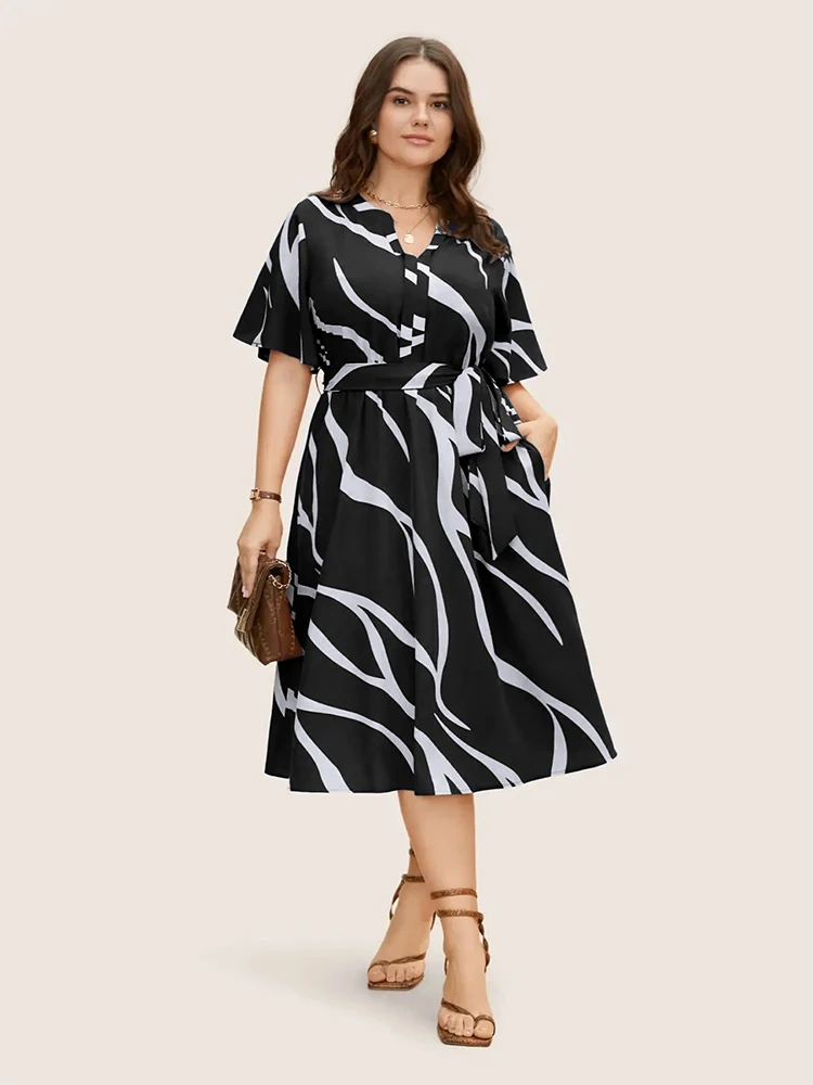 Plus Size 2024 New Women\'s Stripe Pattern Loose Casual Dresses V-Neck Belted Long Dresses Best for Summer