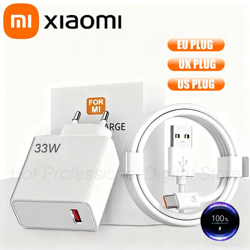 Xiaomi 33 واط شاحن سريع QC 3.0 USB نوع C كابل 6A شحن سريع توربو شحن شاحن الهاتف المحمول لسامسونج Xiaomi جديد 2025