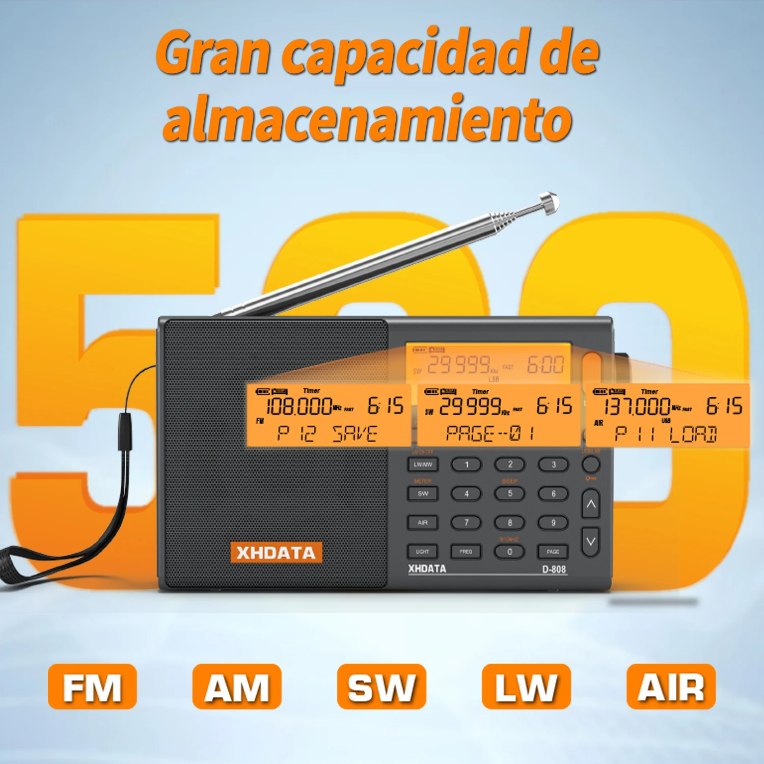 XHDATA D808 جهاز استقبال راديو متعدد الموجات محمول AM/FM/SW/MW SSB AIR RDS صوت ستيريو طويل المدى استقبال بطارية قابلة للشحن